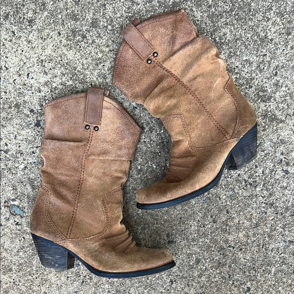 BCBGeneration Brown Suede Leather Western Holland Boots Stacked Heel Size 7.5